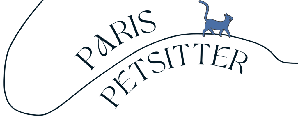 Main logo of Paris Petsitter, showing a line outline of the Seine River with a blue cartoon cat and text reading PARIS PETSITTER following the curved line.